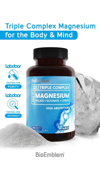 A vertical product feature creative showcasing a Magnesium supplement bottle alongside raw ingredients and purity lab accreditation badges.